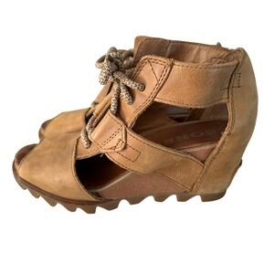 Sorel Joanie II Tan Leather Platform Lace Up‎ Peep Toe Wedge Heel Sandals SZ 7.5
